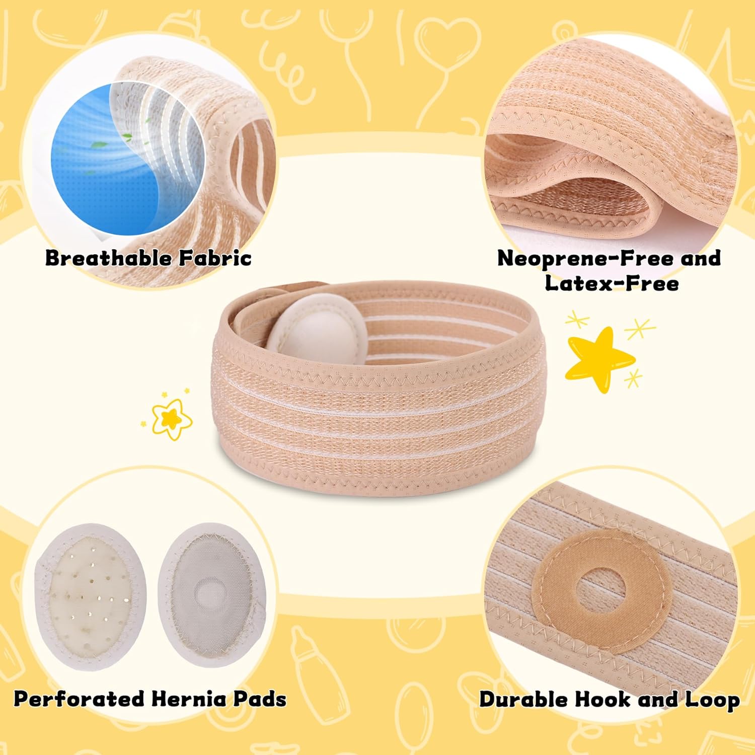 Velpeau Umbilical Hernia Belt Baby Belly Band, Button Wrap Truss Abdominal Binder for Infant, Children, Kids, Adjustable Support Belt with 3 Compression Pads, Beige, One Size - Image 2